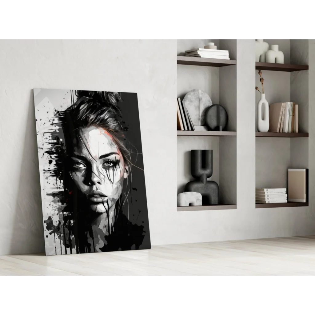 Black and white abstract woman portrait on glass wall art print