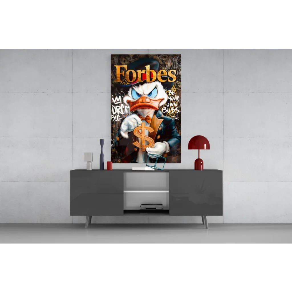 Stylized Donald Duck in suit on Forbes cover, glass wall art print