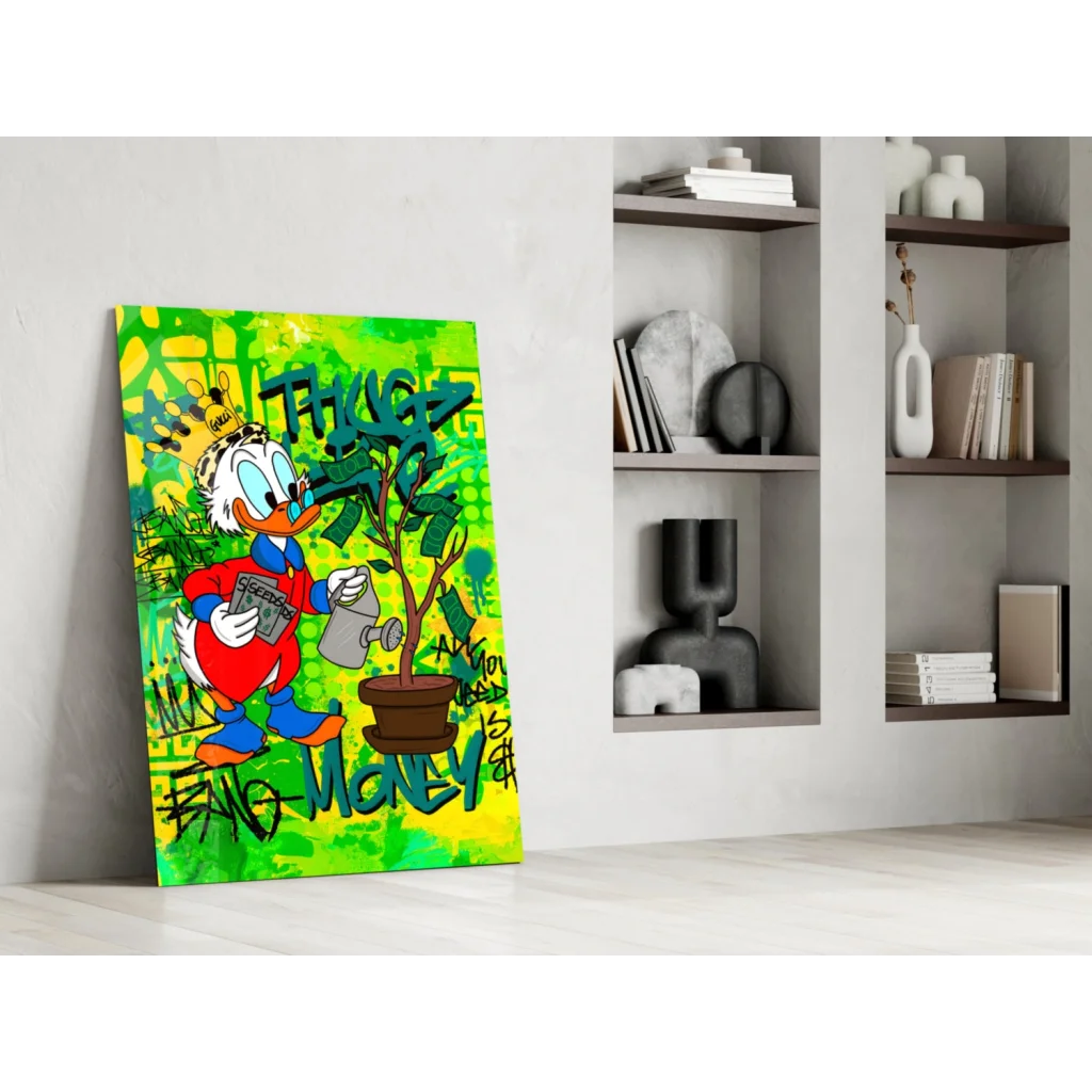 Donald Duck crowned watering money plants in vibrant graffiti wall art canvas