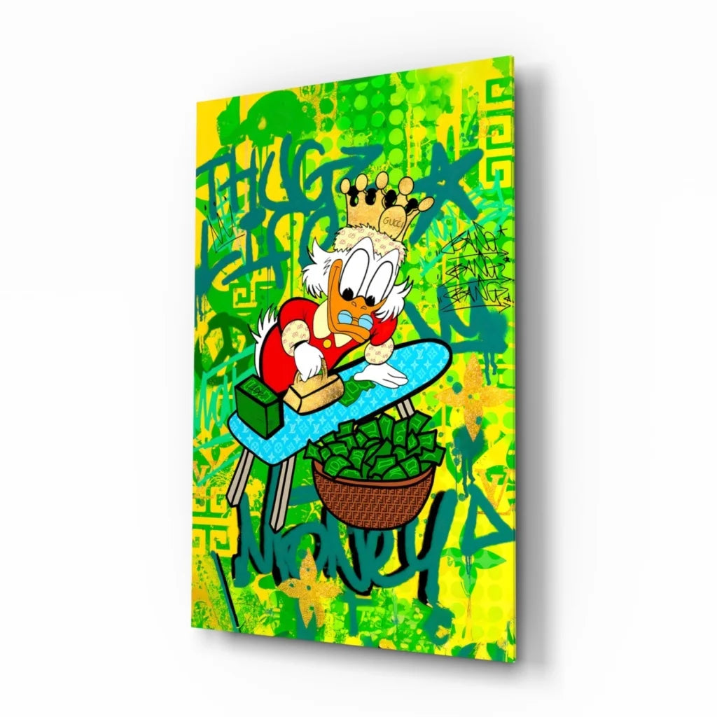 Scrooge McDuck graffiti wall art ironing money stacks