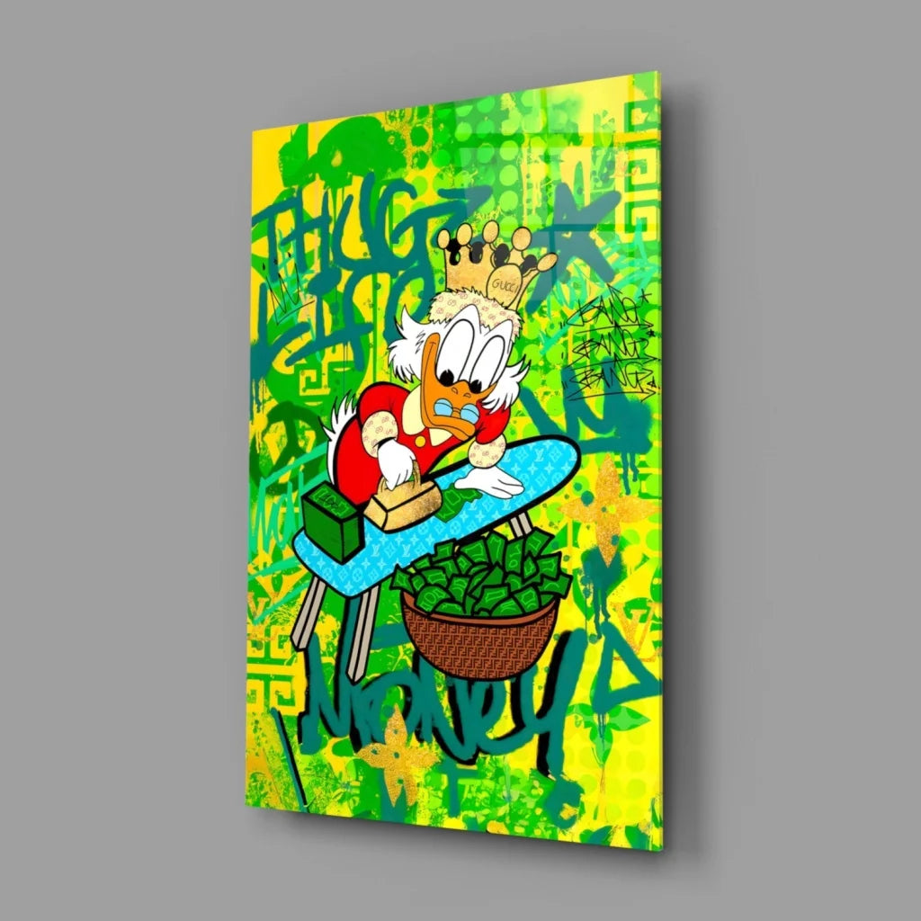 Scrooge McDuck ironing money in vibrant graffiti wall art canvas print