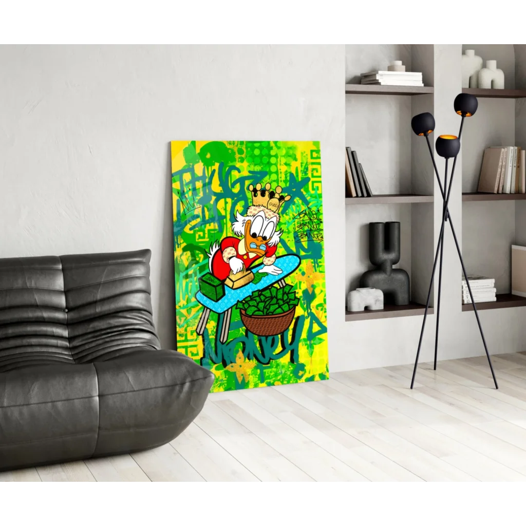 Scrooge McDuck graffiti canvas wall art with crowned duck and money