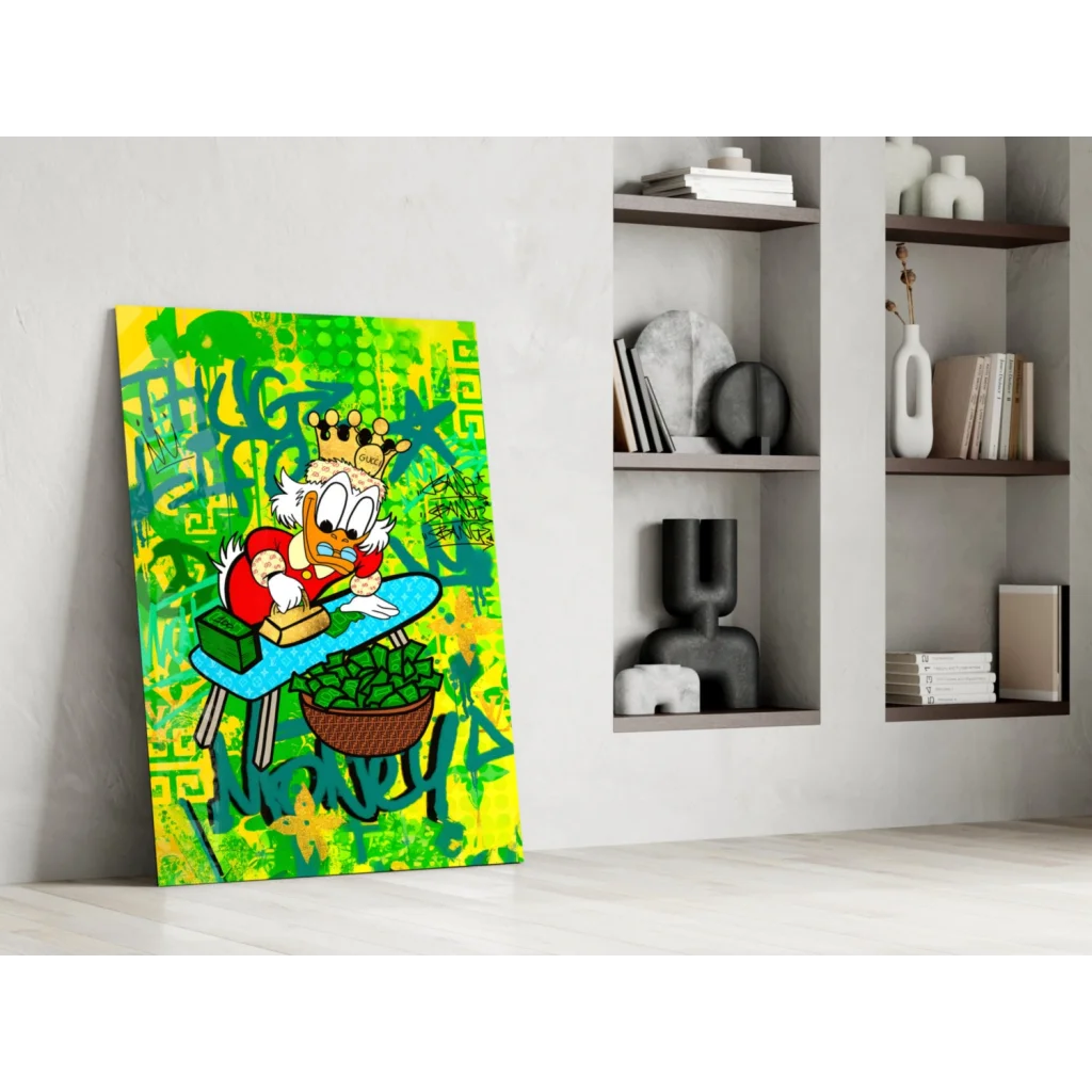 Scrooge McDuck graffiti canvas wall art with crowned duck at money table