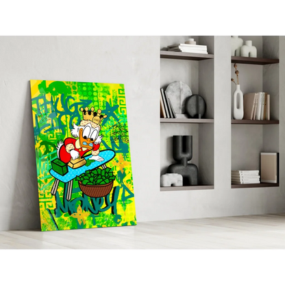 Scrooge McDuck graffiti canvas wall art with crowned duck at money table