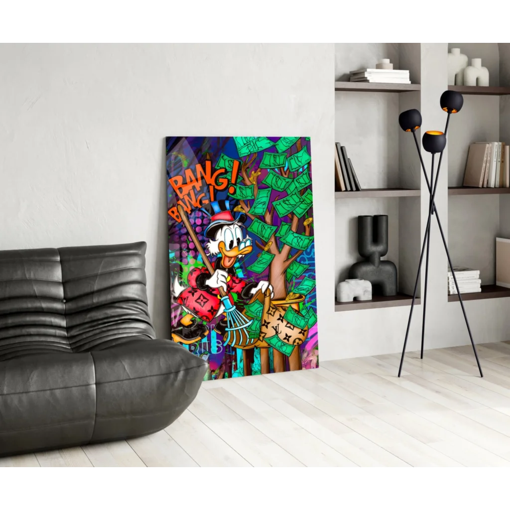 Donald Duck money tree graffiti canvas wall art with red suit and dollar bills