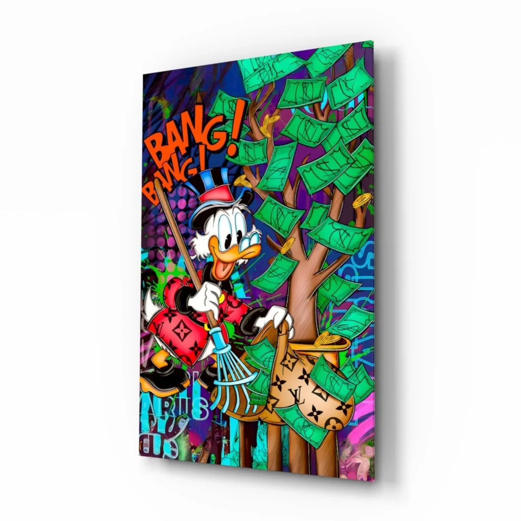 Vibrant Donald Duck graffiti wall art with money tree and Louis Vuitton bags