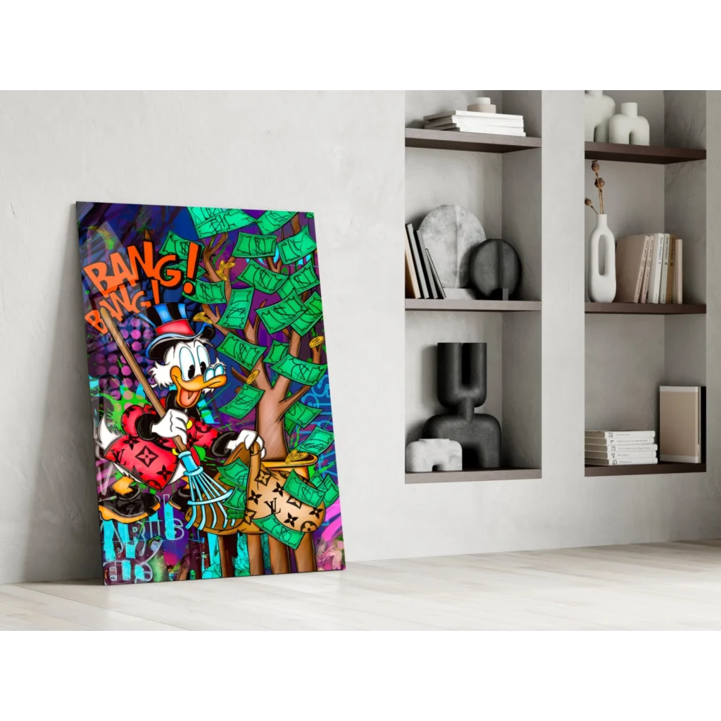 Donald Duck in LV suit sweeps dollars from money tree graffiti wall art