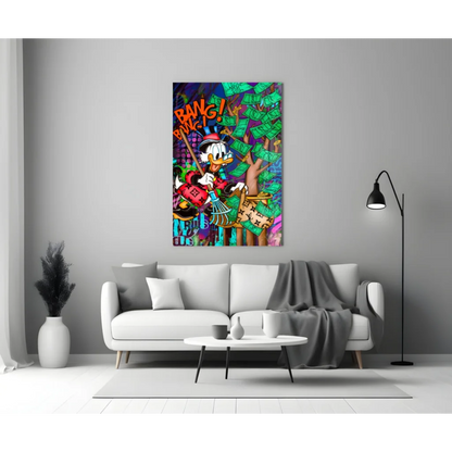 Vibrant Donald Duck graffiti wall art canvas with money tree and bang text