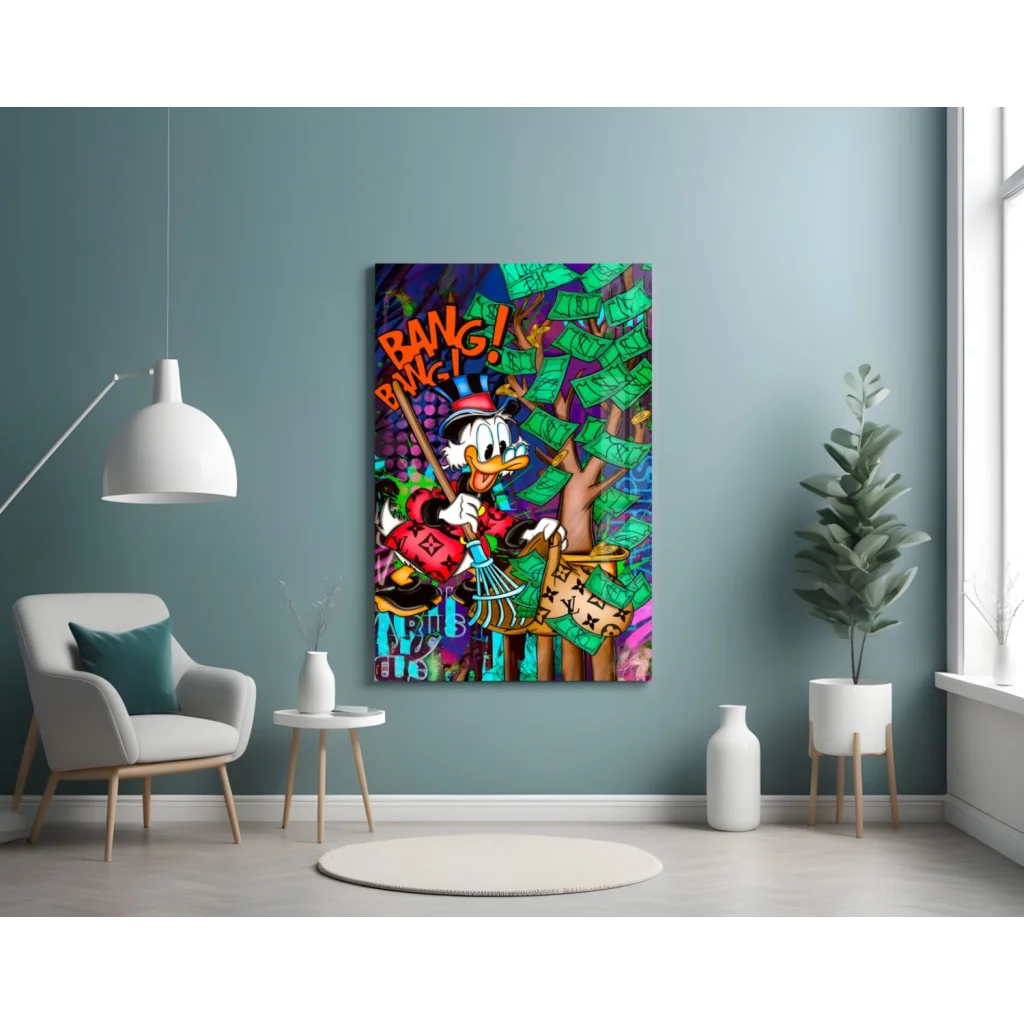 Donald Duck graffiti wall art canvas with money tree, red suit, and bold text