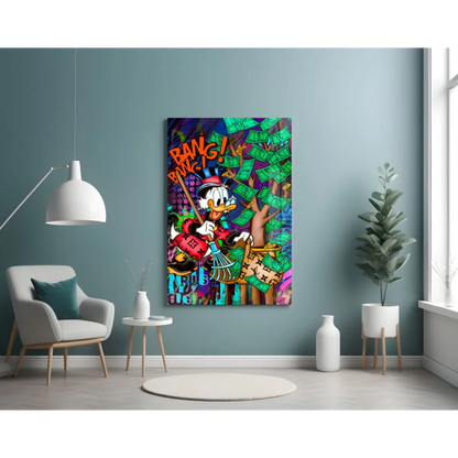 Donald Duck graffiti wall art canvas with money tree, red suit, and bold text