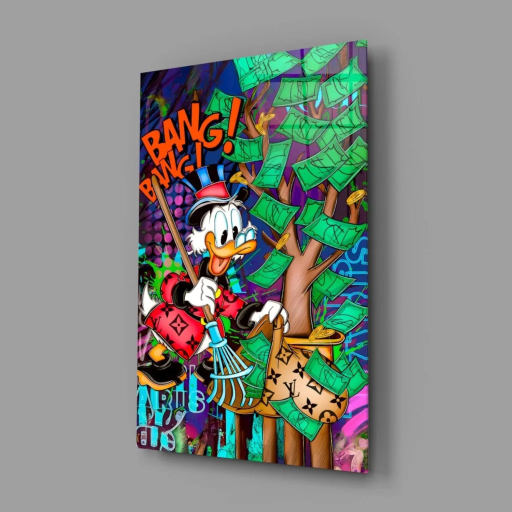 Donald Duck graffiti wall art sweeping money from gold coin tree