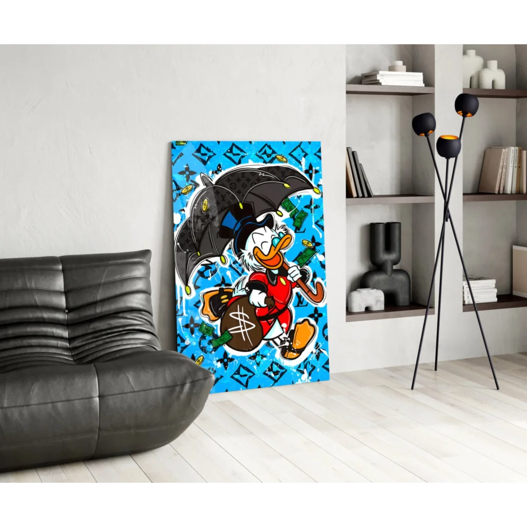 Vibrant blue Donald Duck money bag wall art with cartoon duck holding umbrella