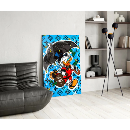 Vibrant blue Donald Duck money bag wall art with cartoon duck holding umbrella