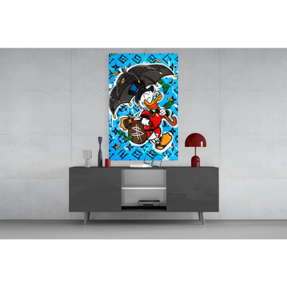 Donald Duck with money bag and umbrella on vibrant blue wall art canvas