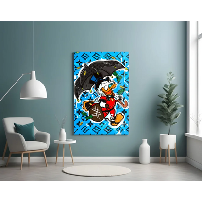 Donald Duck with umbrella and money on vibrant blue wall art canvas