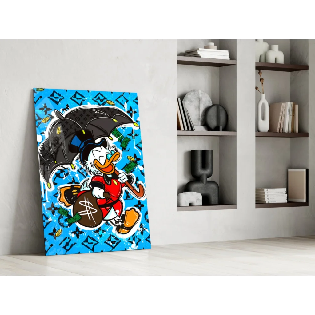 Vibrant blue Donald Duck wall art with cartoon duck in red holding umbrella and money
