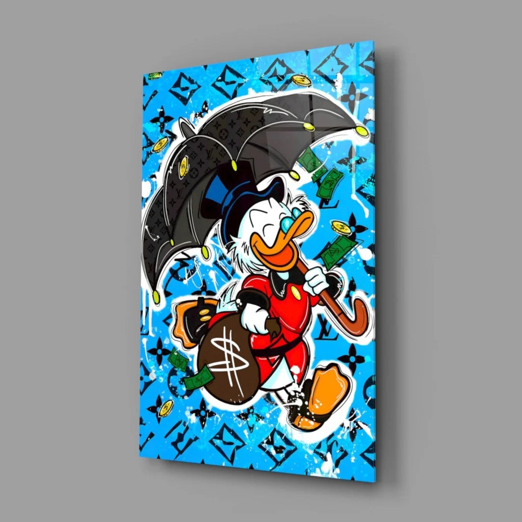 Vibrant blue Donald Duck wall art canvas with LV money bag umbrella