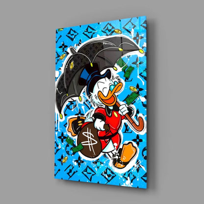 Vibrant blue Donald Duck wall art canvas with LV money bag umbrella