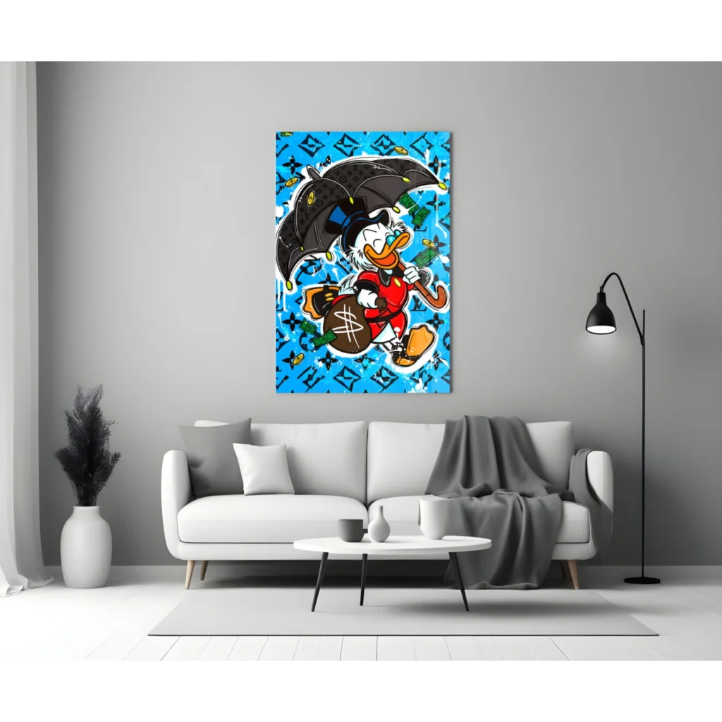 Vibrant blue Donald Duck wall art canvas with money bag and umbrella