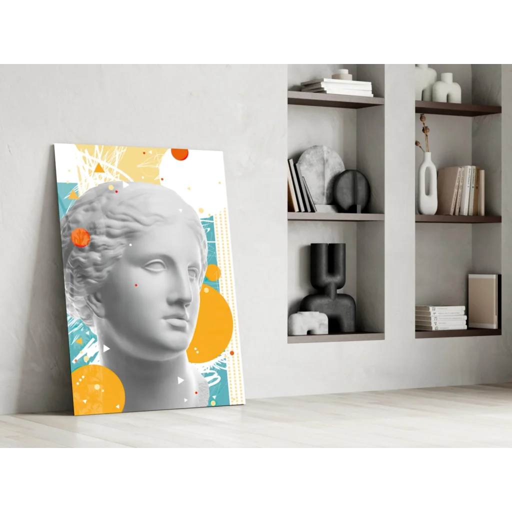 Grayscale classical bust canvas wall art with bold teal orange geometric shapes