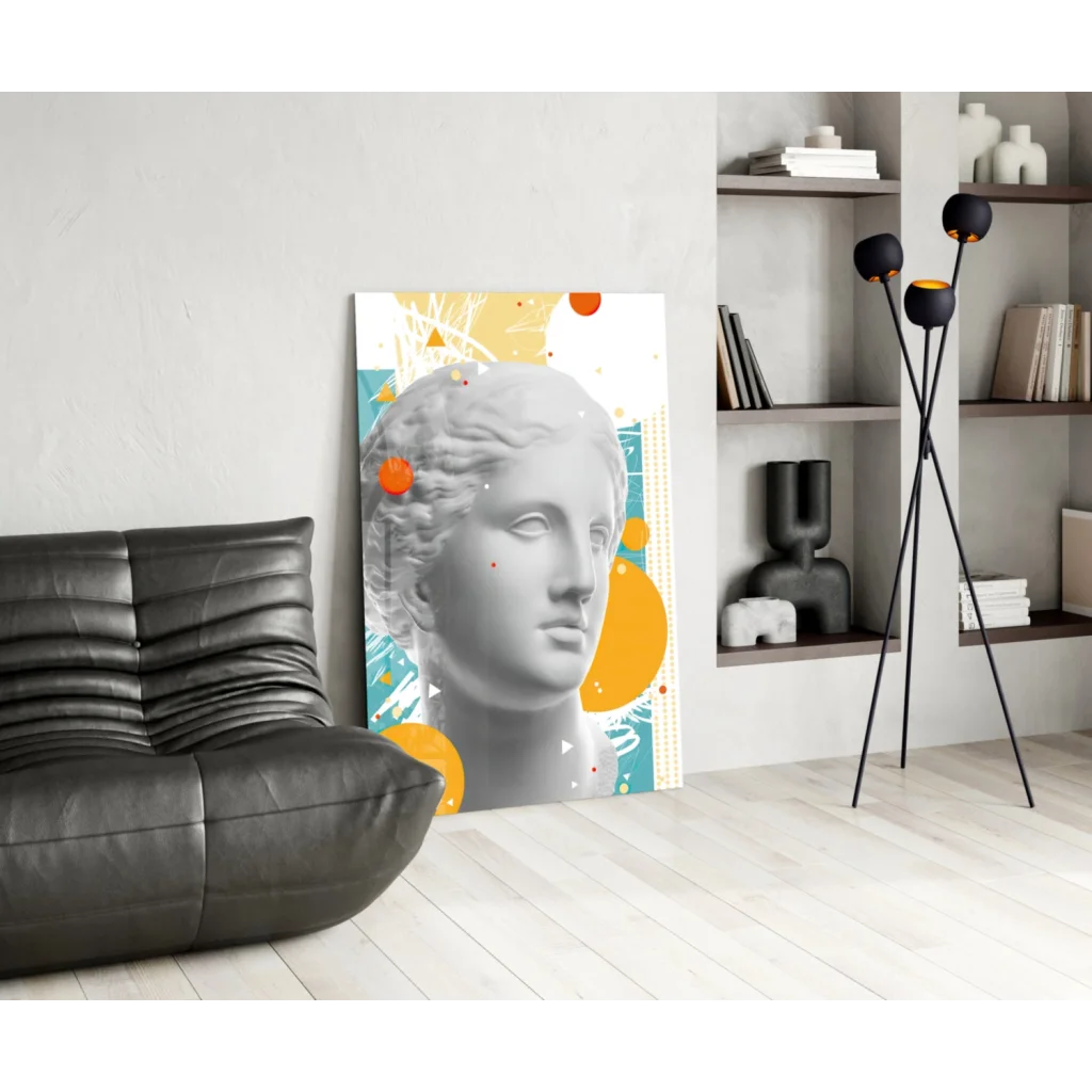 Modern geometric bust wall art canvas in grayscale with teal orange vibes