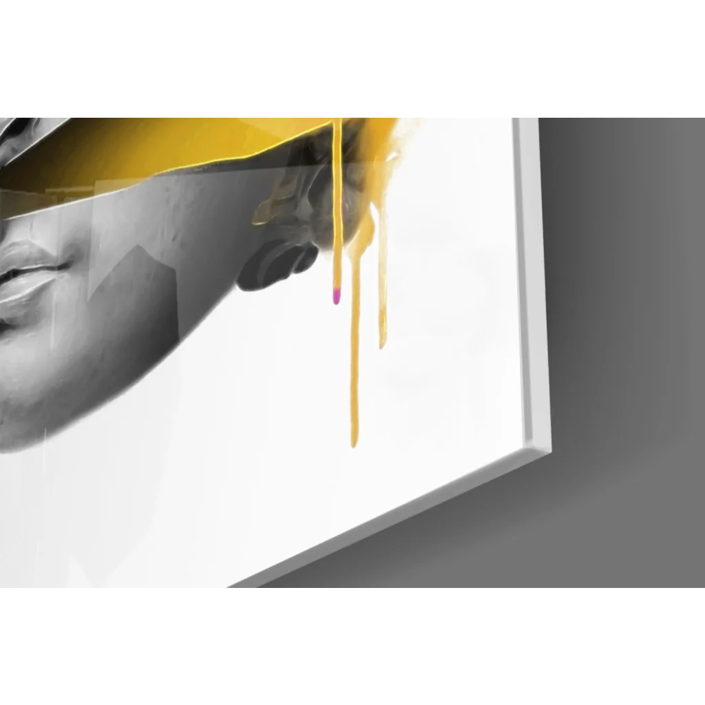 Grayscale David bust canvas wall art with yellow drips and purple accent