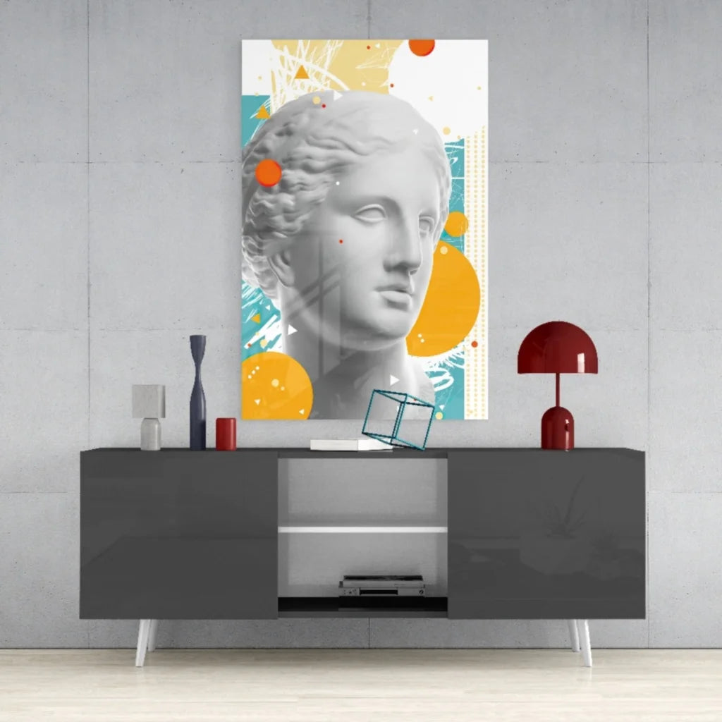 Modern grayscale bust canvas wall art with bold teal orange shapes