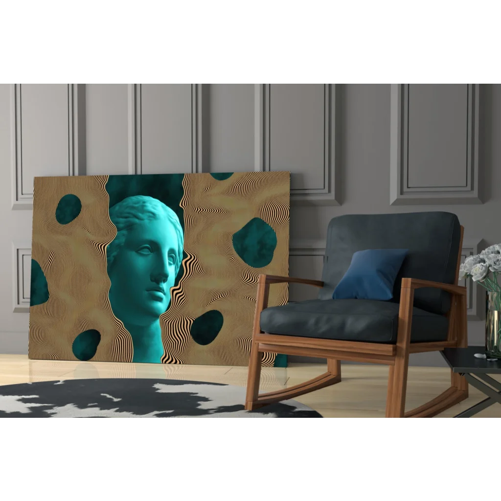 Teal classical bust on glass wall art with gold and teal patterns