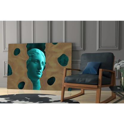 Teal classical bust on glass wall art with gold and teal patterns