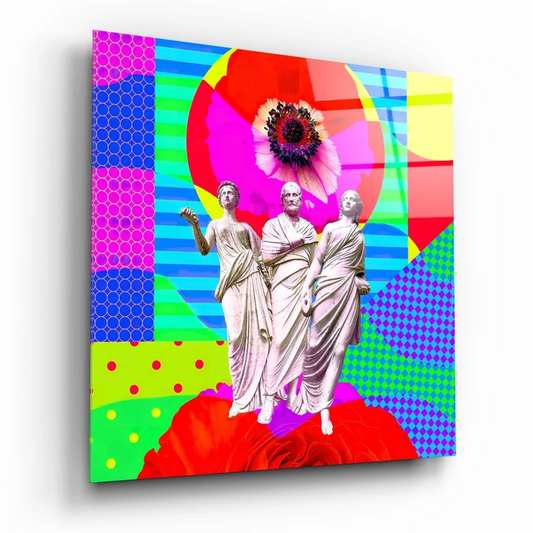 Vibrant neon pop art statues glass wall art canvas print