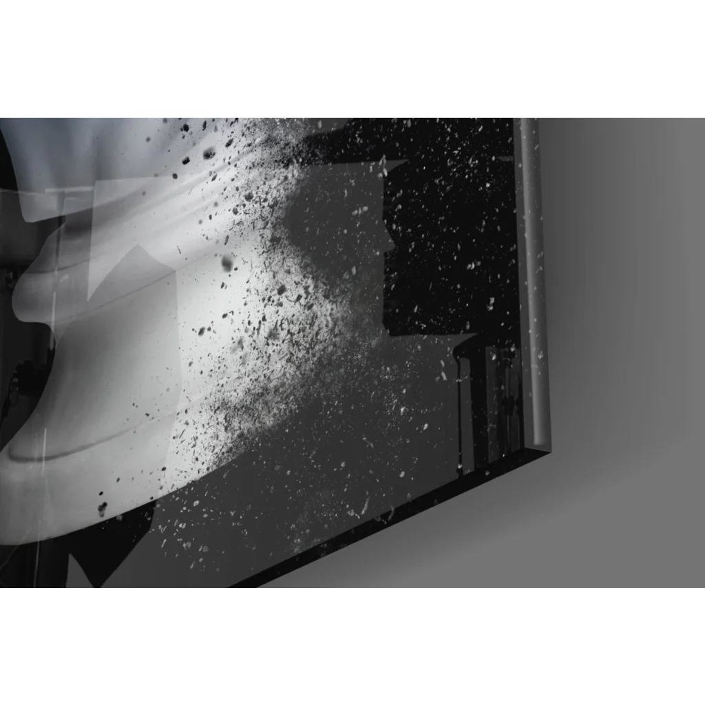 Blue dissolving marble bust glass wall art with abstract white splatters