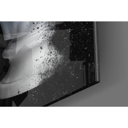 Blue dissolving marble bust glass wall art with abstract white splatters