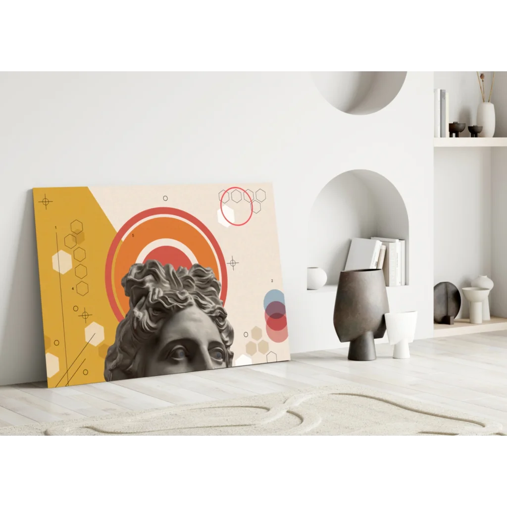 Modern grayscale bust on glass wall art with warm geometric tones