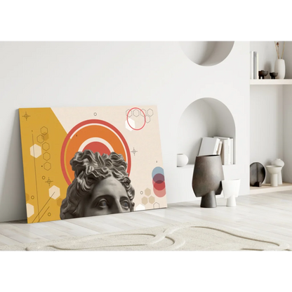 Modern grayscale bust on glass wall art with warm geometric tones