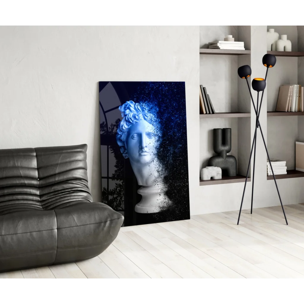 Striking blue-toned dissolving marble bust glass wall art on canvas