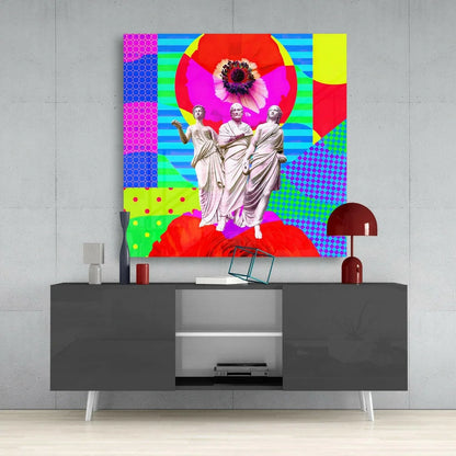 Vibrant neon pop art statues glass wall art canvas print