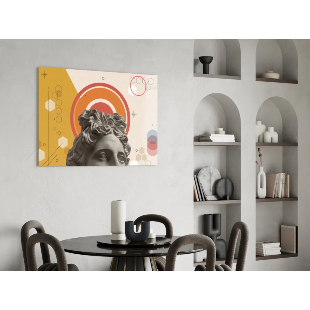 Modern grayscale bust on vibrant yellow orange cream glass wall art