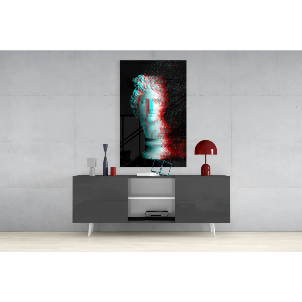 Striking cyan red marble bust canvas wall art print with digital effects