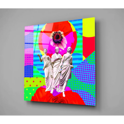 Vibrant neon pop art glass wall art with classical statues