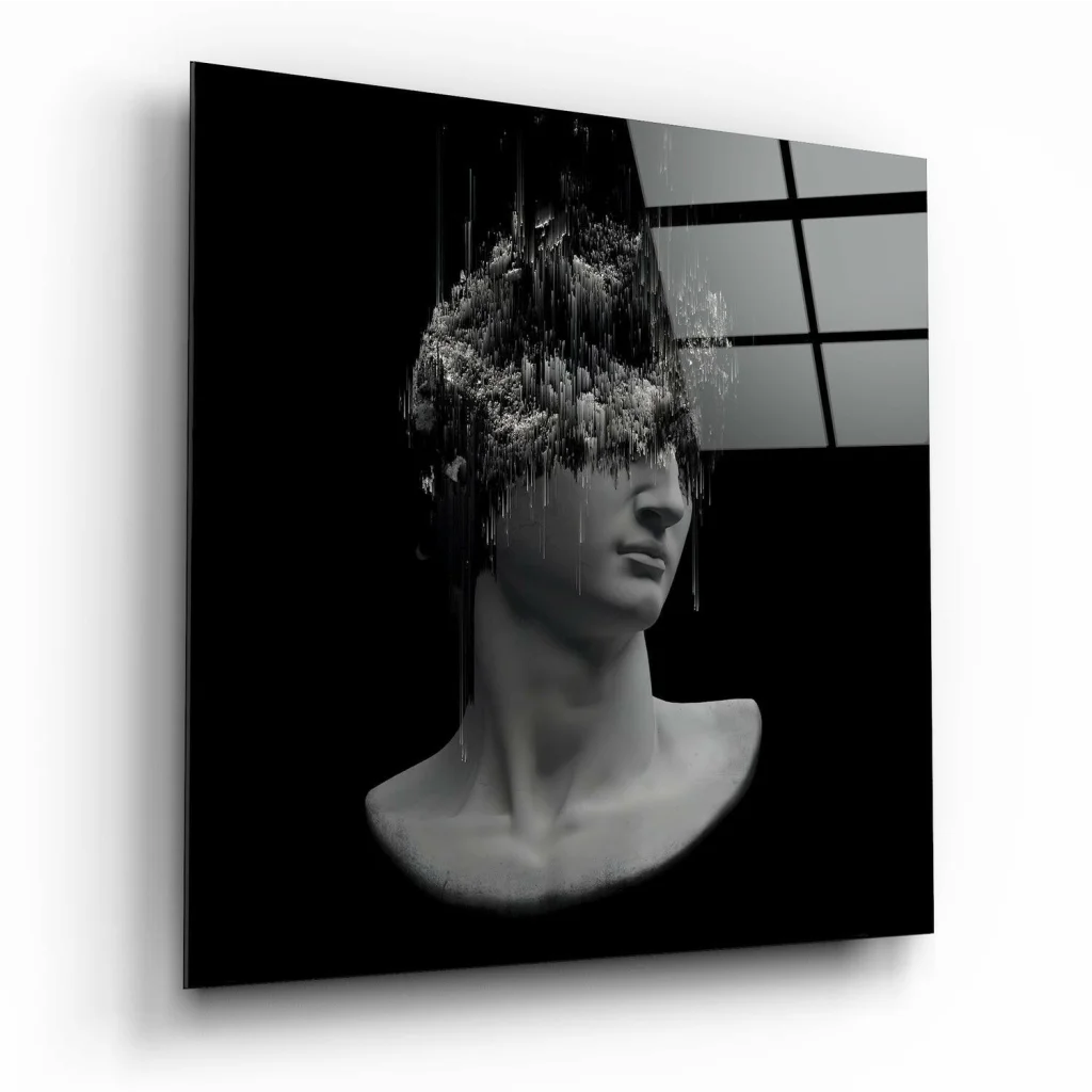Glitch bust glass wall art: black and white digital print of classical bust with cascading effects