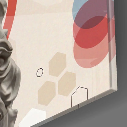 Abstract glass wall art with red, blue, beige circles and hexagons on cream