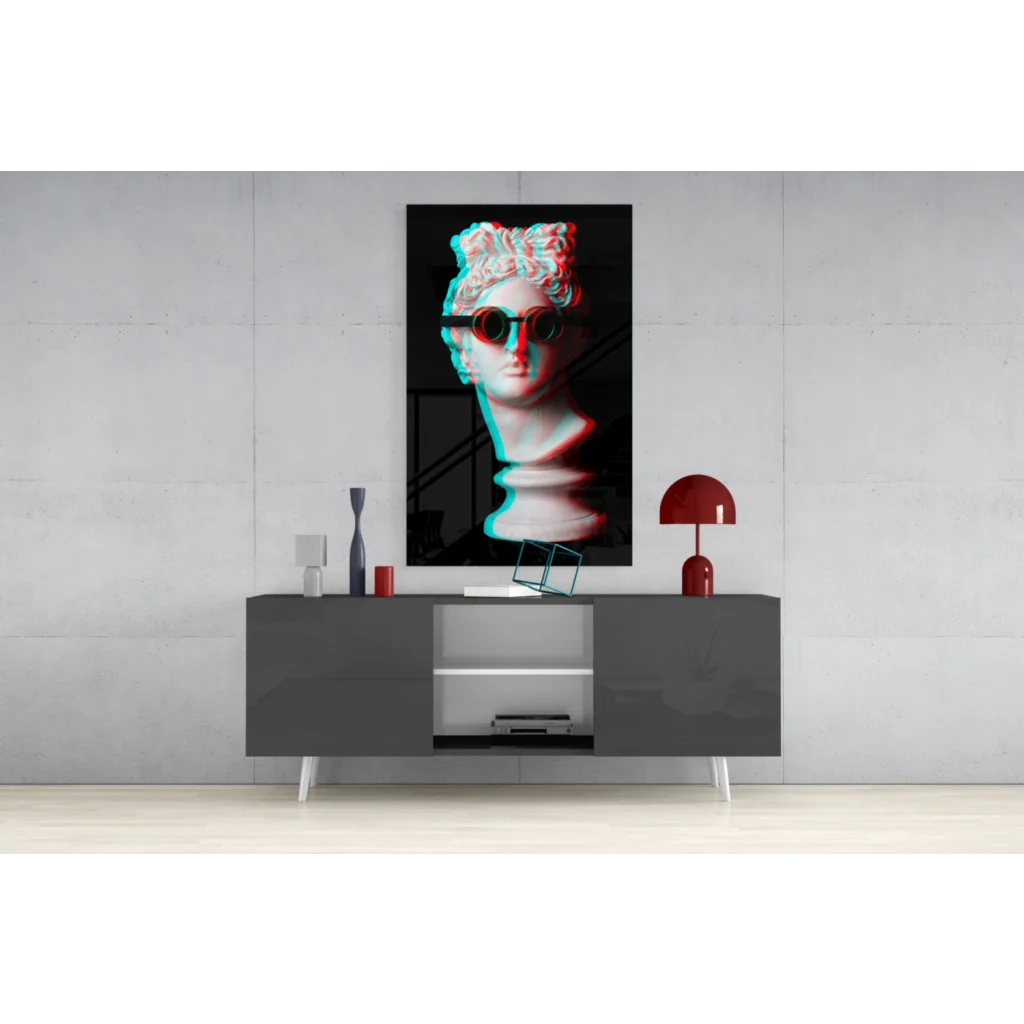 Retro marble bust 3D glass wall art in neon cyan magenta