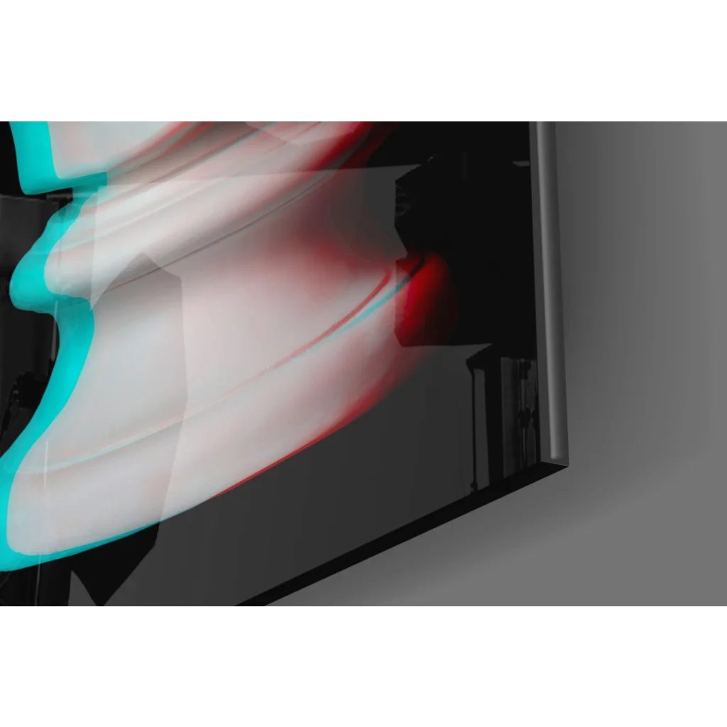 Retro Marble Bust 3D Glass Wall Art with vibrant neon cyan magenta TV glow