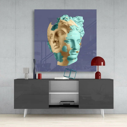 Stunning teal and gold bust glass wall art panel with abstract split bust
