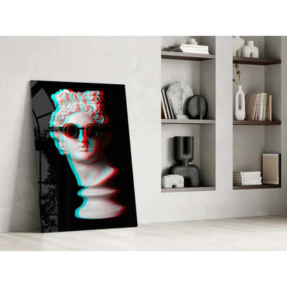 Retro marble bust 3D glass wall art in neon cyan and magenta