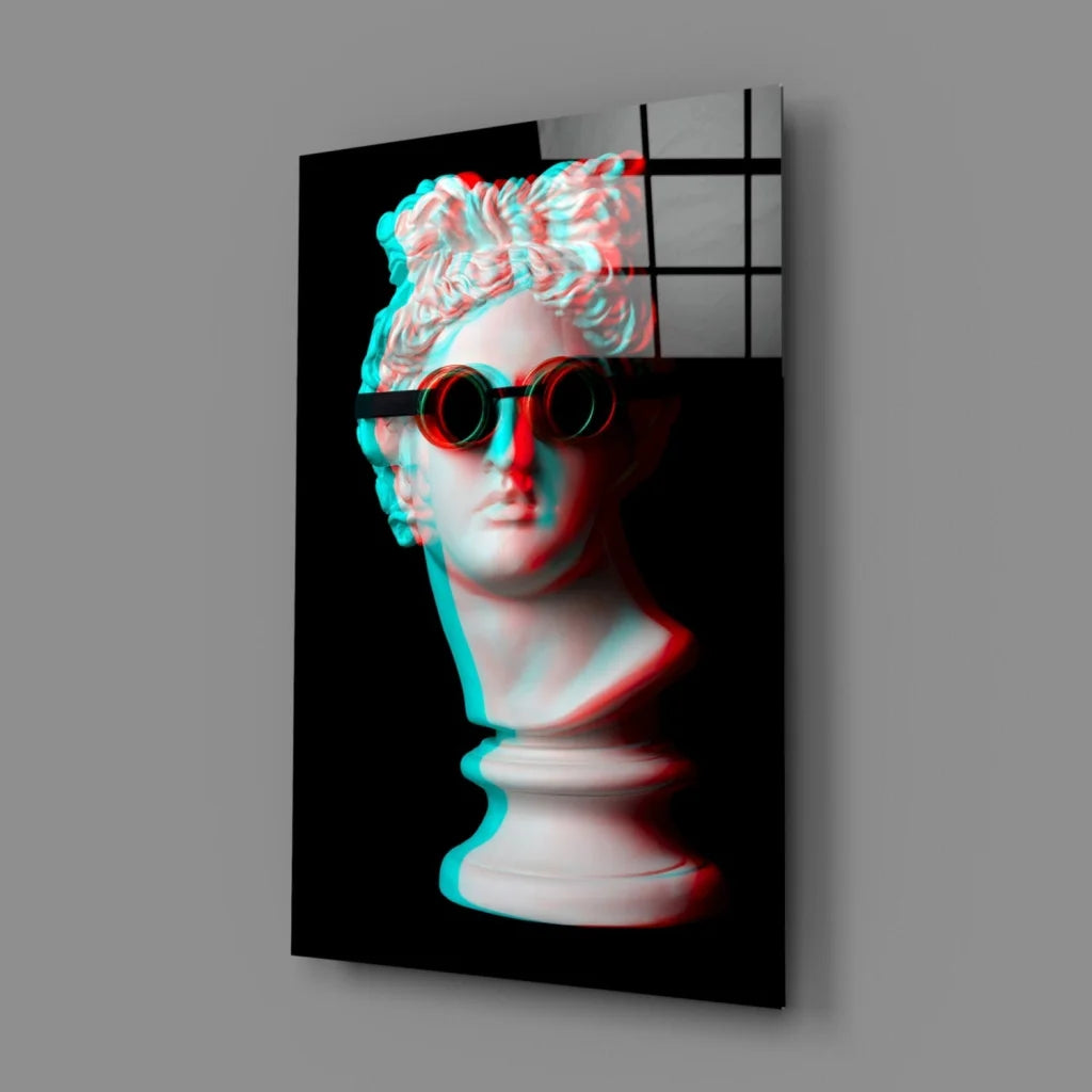 Retro Marble Bust 3D Glass Wall Art in Neon Cyan and Magenta | Glass Wall Art Print | vintageantiquesgifts.com
