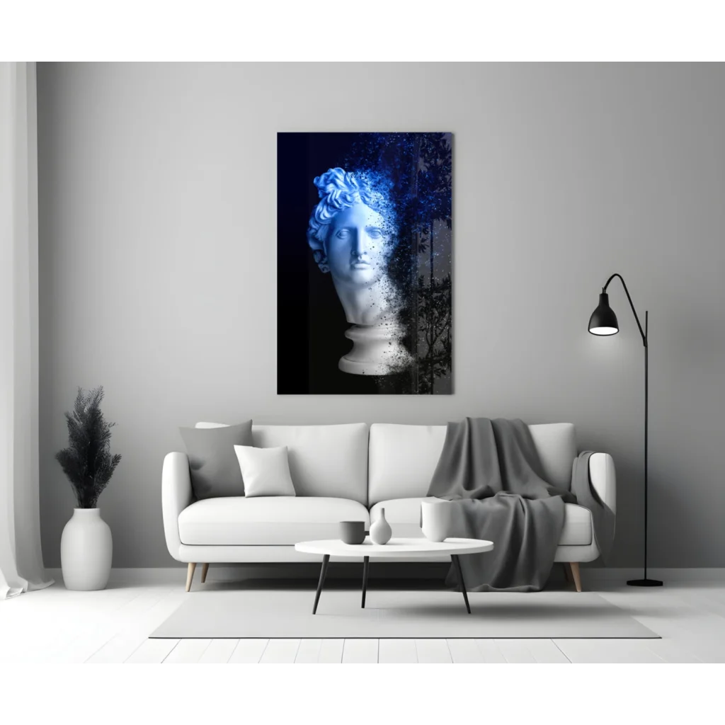 Blue and white marble bust in dissolving glass wall art