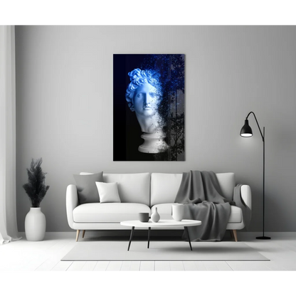 Blue and white marble bust in dissolving glass wall art