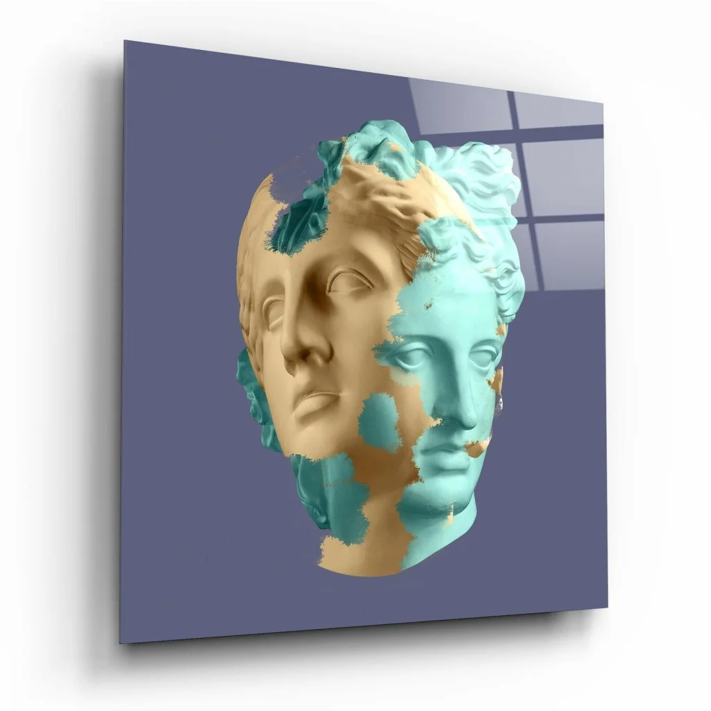 Stunning teal and gold bust glass wall art panel with split marble bust