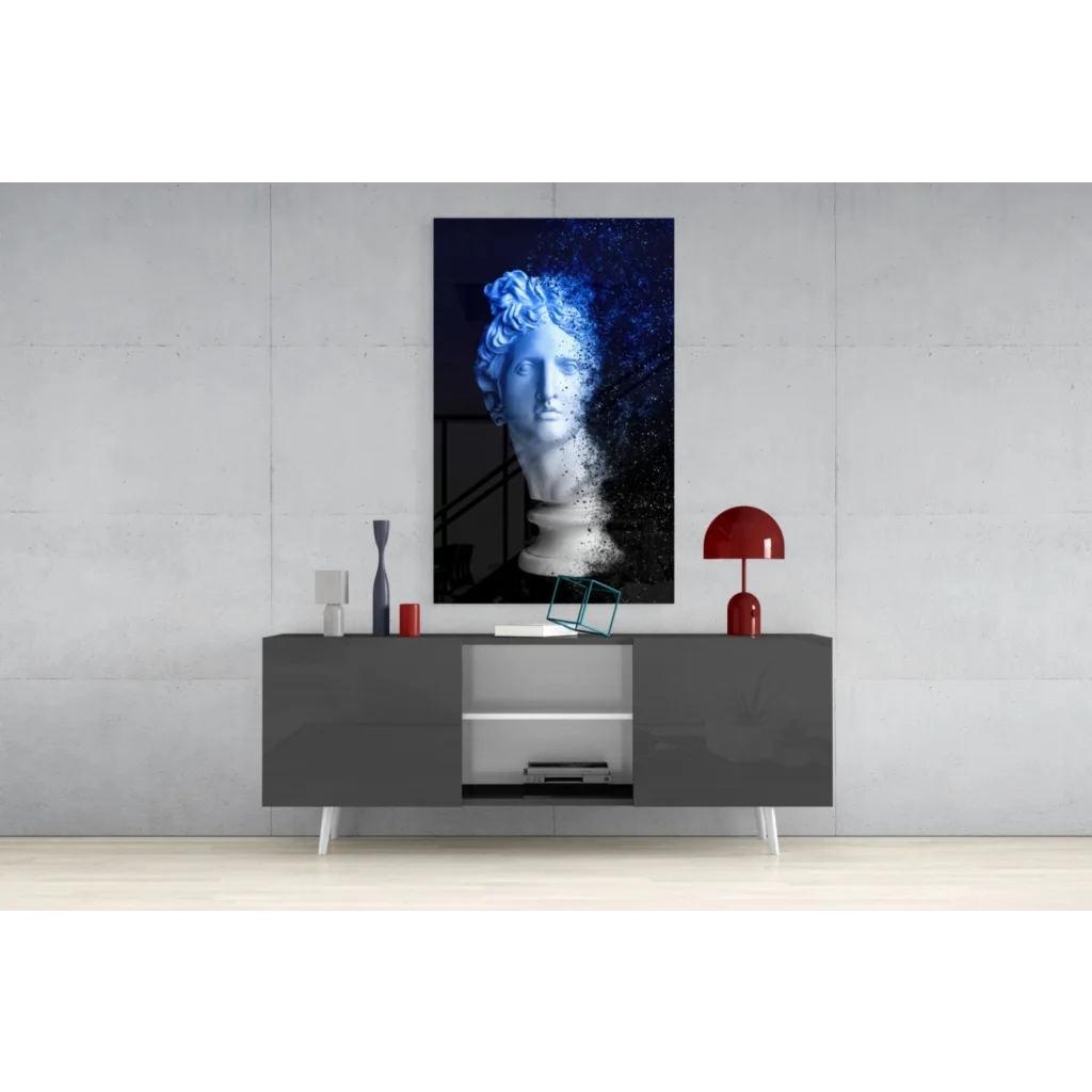 Striking blue dissolving marble bust glass wall art with pixelated effects